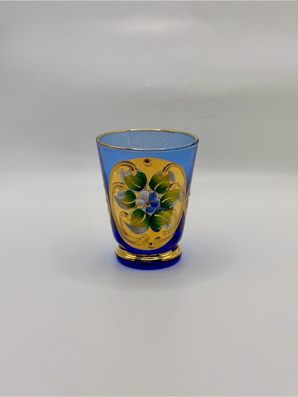 Vintage Venetian Murano Cobalt Blue Glass Shot Glass Gilt Floral Hand Painted